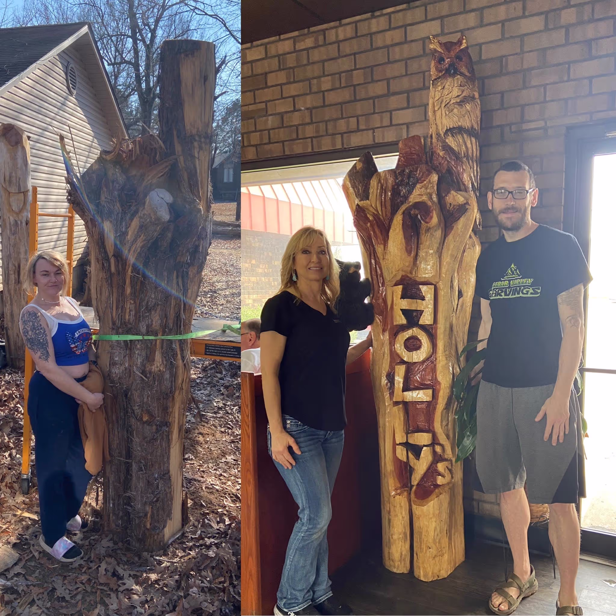 Before and after custom chainsaw carving