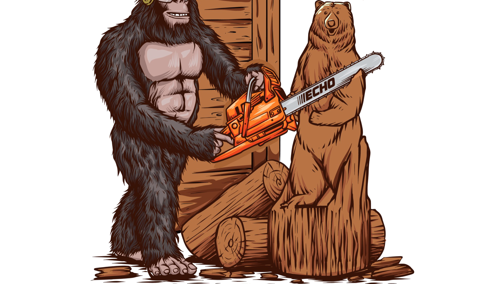 Cedar Valley Carvings artwork of a chainsaw carver handing off a chainsaw beside a carved bear