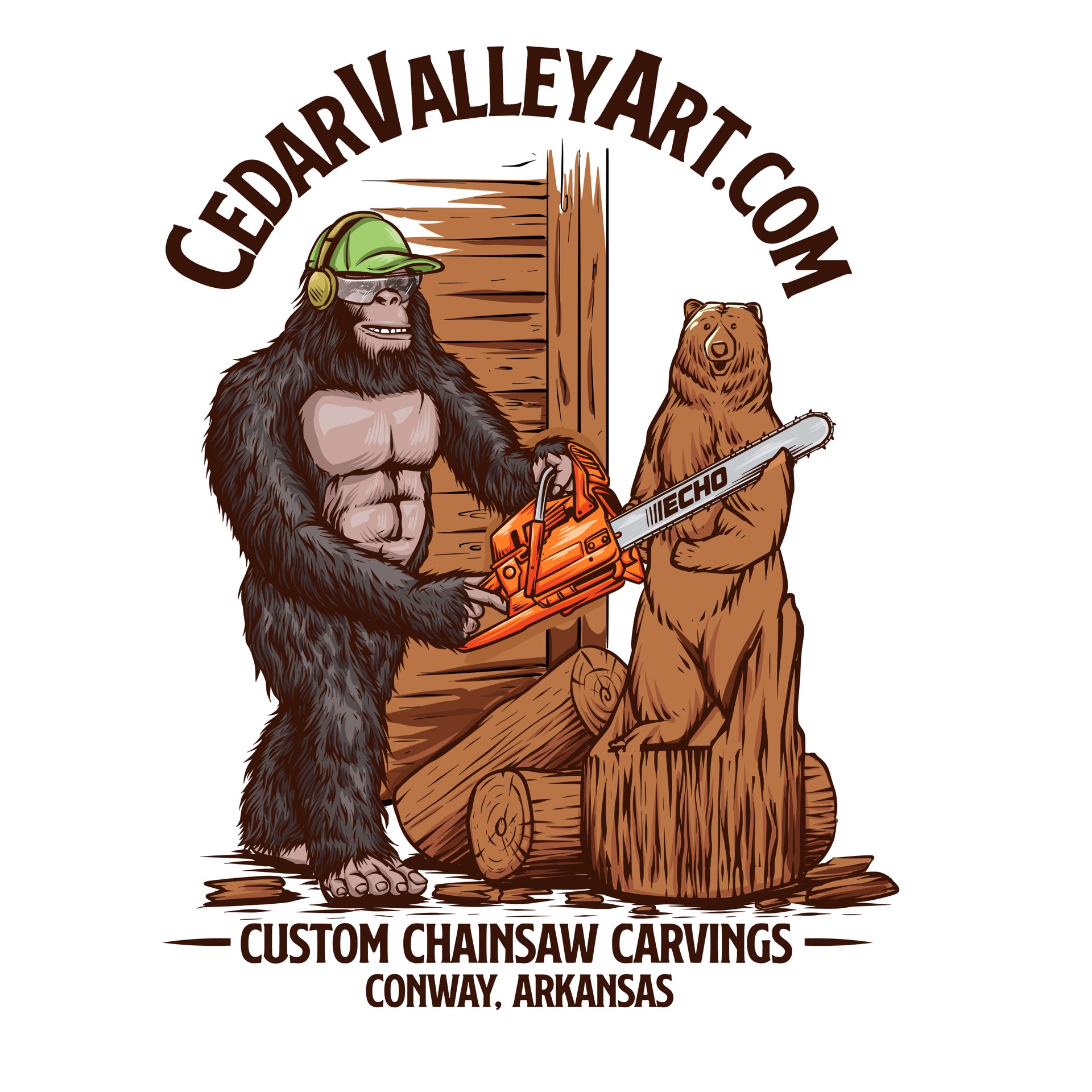Alex Ward hand-carving a custom piece with a chainsaw at Cedar Valley Carvings